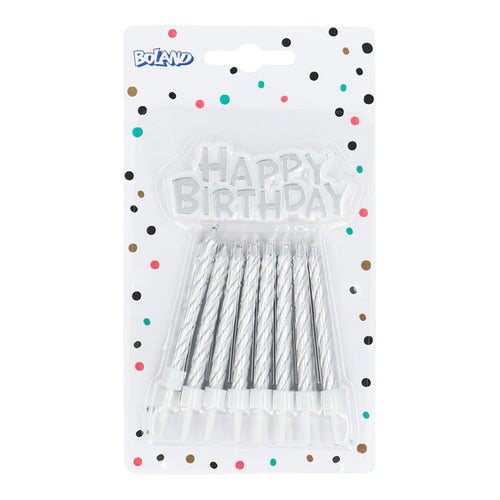 16 Bougies et Décoration de Gâteau "Happy Birthday" Argent
