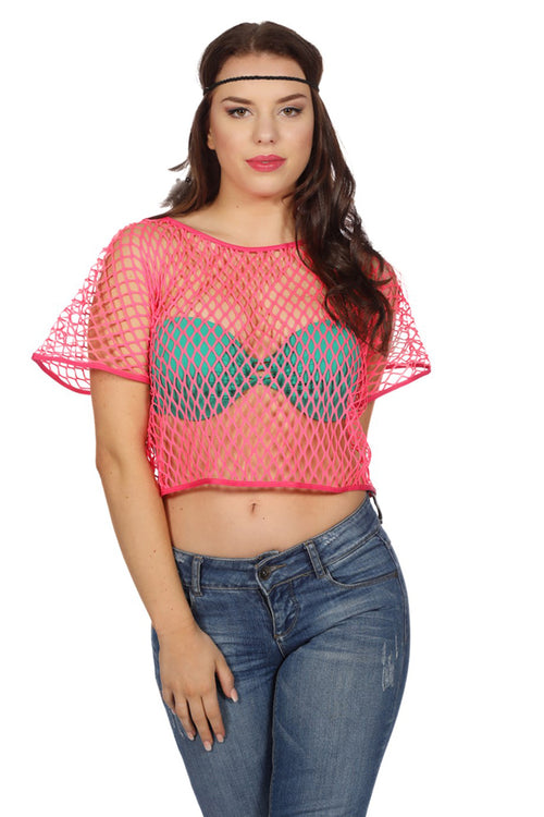 80's Visnet T-shirt Crop Top Neon Roze (one size)