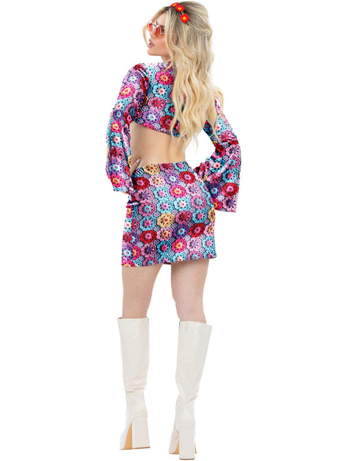 60's Hippie Vintage Arc-en-ciel Crochet Print Déguisement Femmes