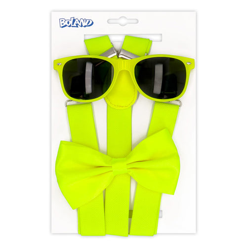 Accessoire Set Jaune Néon (lunettes party, noeud papillon et bretelles)