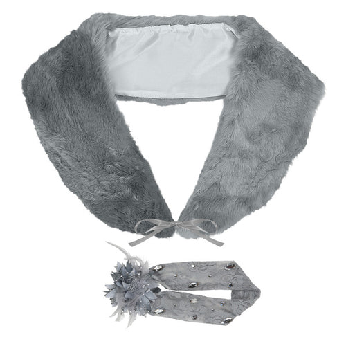 20's Charleston set gris-argent (écharpe en faux fourrure et bandeau à cheveux)