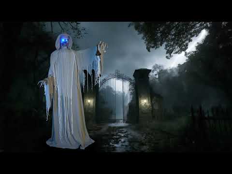 Décoration Halloween: Lanceur d'alerte Squelette avec lumière, son & mouvement (182cm)